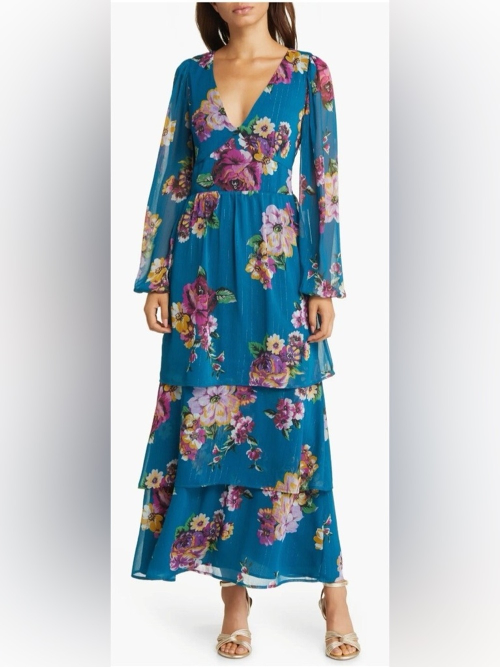 Fourteenth Place Balboa Tiered Floral Print Chiffon Maxi Dress Formal Dress